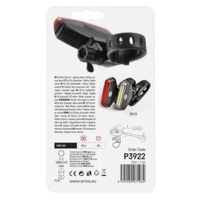 Lampa rowerowa LED COB, komplet przód + tył, 22 lm 2× CR2033