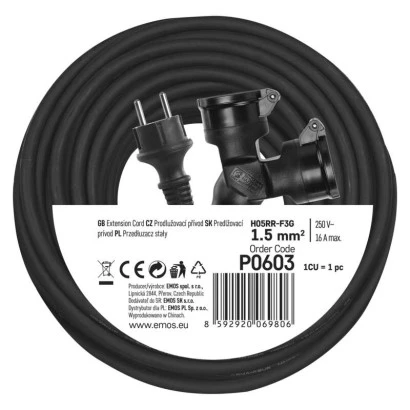 Przedłużacz 2 gniazda 20m 3× 15mm guma P0603