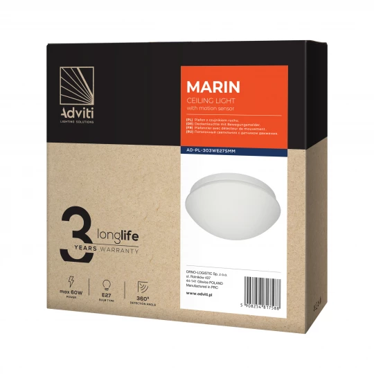 Plafoniera MARIN z czujnikiem mikrofalowym 60W E27 IP44 AD-PL-303WE27SMM
