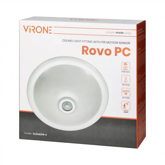 ROVO PC, plafon oświetleniowy z czujnikiem ruchu 360st, 2x40W, E27, IP20, policarbon mleczny