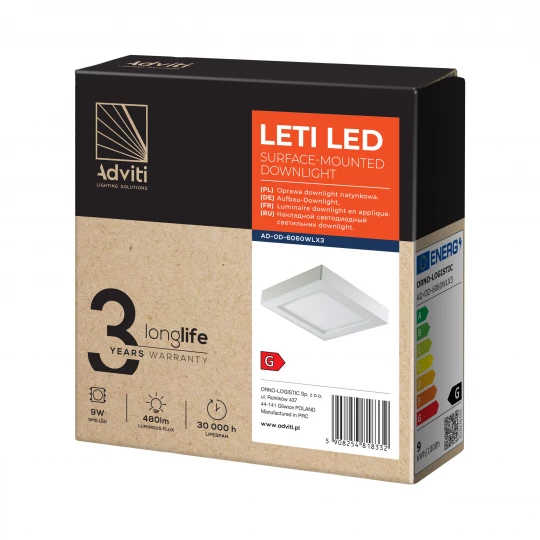 LETI LED 9W, oprawa downlight, natynkowa, kwadratowa, 480lm, 3000,AD-OD-6060WLX3