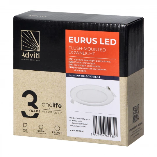 Oprawa downlight, podtynkowa EURUS LED 9W okrągła, 540lm, 4000K, biała, wbudowany zasilacz LED