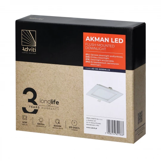 AKMAN LED 12W, oprawa downlight, podtynkowa, kwadratowa, 860lm, 4000K, biała, wbudowany zasilacz LED,AD-OD-6055WLX4