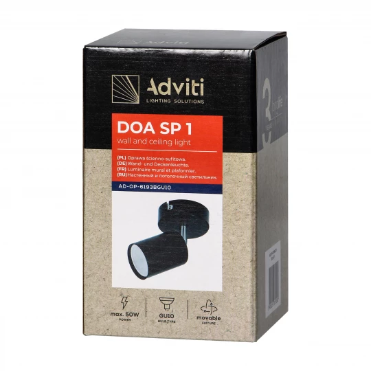 DOA SP 1, oprawa ścienno-sufitowa, GU10 max. 50W, IP20, czarna,AD-OP-6193BGU10