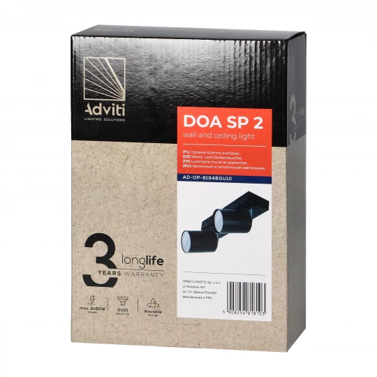 DOA SP 2, oprawa ścienno-sufitowa, GU10 max. 2x50W, IP20, czarna,AD-OP-6194BGU10