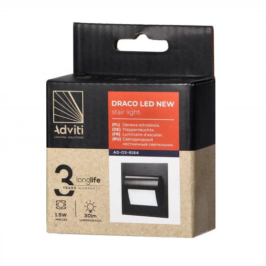 DRACO LED NEW 1,5W, oprawa schodowa podtynkowa, 12VDC, 30lm, 3000K, czarny, innowacyjny sposób montażu,AD-OS-6164L3/B