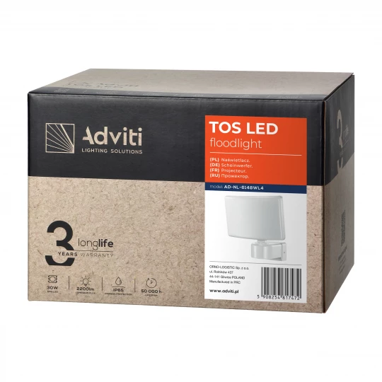 TOS LED 30W naświetlacz ogrodowy LED, 2200lm, IP65, 4000K, PC, biały,AD-NL-6148WL4