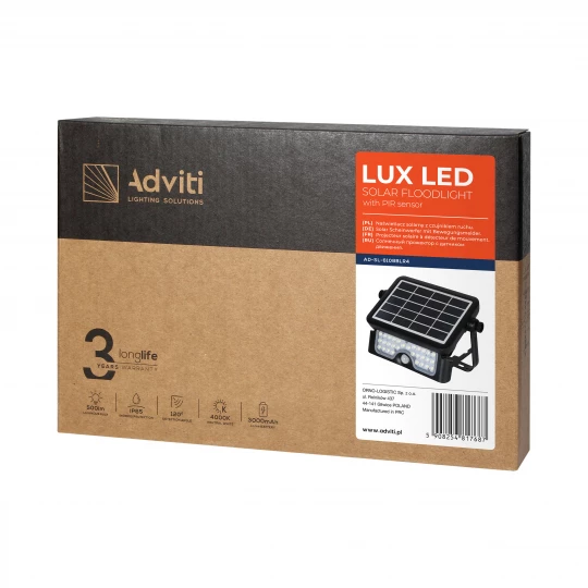 LUX LED 5W, naświetlacz solarny z czujnikiem ruchu 500lm, IP65, 4000K, 2x1500mAh, czarny,AD-SL-6108BLR4