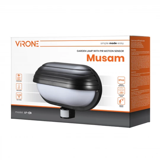 MUSAM, oprawa ogrodowa z czujnikiem ruchu 180, 1x60W, E27, IP44, z przesłoną, plastik, czarna,LF-1/B