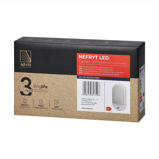 NEFRYT LED 10W, oprawa ogrodowa z czujnikiem ruchu 140st, 800lm, IP54, 4000K, biała,AD-OP-6110WLPMR4