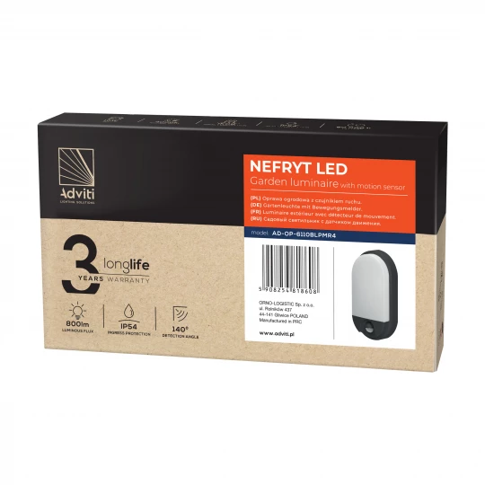 NEFRYT LED 10W, oprawa ogrodowa z czujnikiem ruchu, 800lm, IP54, 4000K, czarna,AD-OP-6110BLPMR4