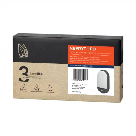 NEFRYT LED 10W, oprawa ogrodowa z czujnikiem ruchu PIR, 800lm, IP54, 4000K, szara
