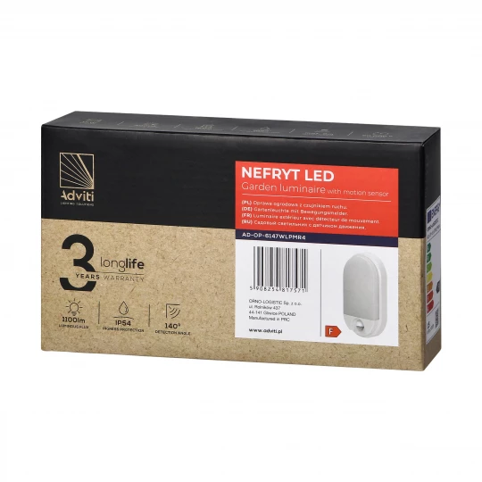 NEFRYT LED 15W, oprawa ogrodowa z czujnikiem ruchu, 1100lm, IP54, 4000K, biała,AD-OP-6147WLPMR4