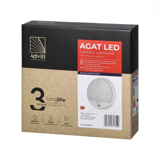 AGAT LED 15W, oprawa ogrodowa z czujnikiem ruchu 140st, 1100lm, IP54, 4000K, biała,AD-OP-6112WLPMR4