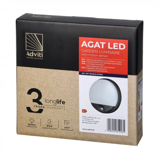AGAT LED 15W, oprawa ogrodowa z PIR, 1100lm, IP54, 4000K, szara
