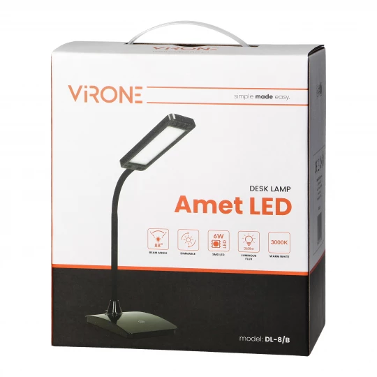 AMET LED DIM 6W, lampka biurkowa, 360lm, 3000K, czarna, funkcja ściemniania,DL-8/B