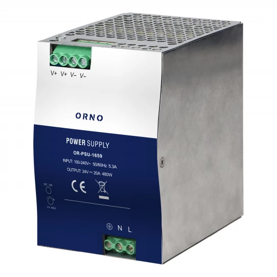Zasilacz przemysłowy, na szynę DIN, 24VDC, 20A, 480W, w metalowej obudowie