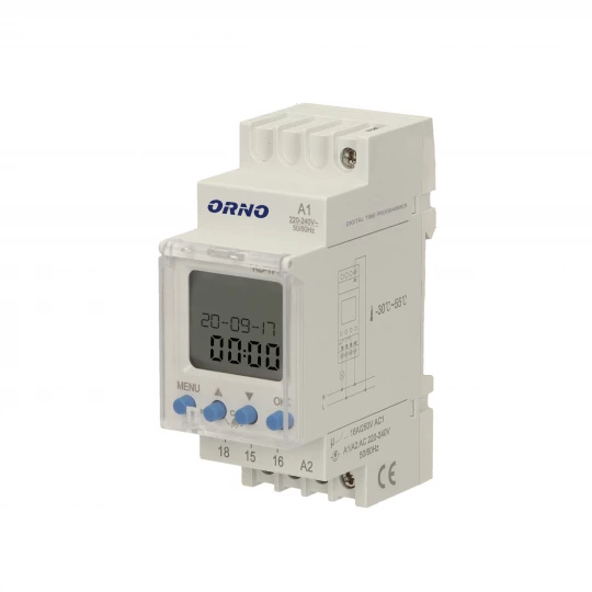Elektroniczny programator czasowy, 100 programów, 3 języki menu, 1 wyjśćie przekaźnikowe  max.16A/230V, szerokość 2 moduły, DIN TH-35mm