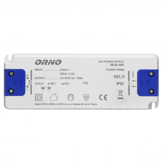 Zasilacz płaski do LED 12VDC 30W, IP20, wysokość 18mm,OR-ZL-1651