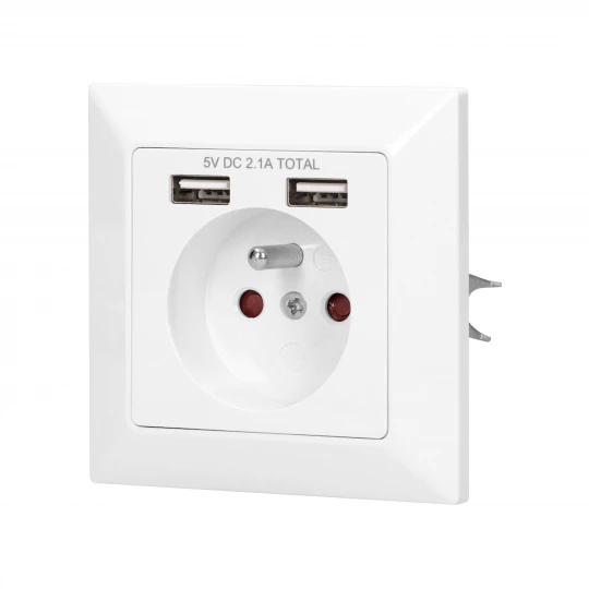 Gniazdo pojedyncze z/u z ładowarką 2xUSB 2.1A białe OR-AE-13140