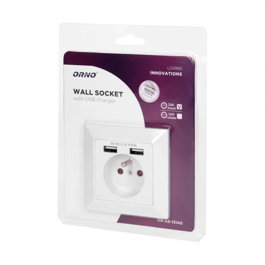 Gniazdo pojedyncze z/u z ładowarką 2xUSB 2.1A białe OR-AE-13140