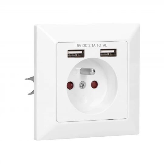 Gniazdo pojedyncze z/u z ładowarką 2xUSB 2.1A białe OR-AE-13140