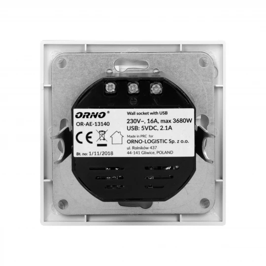 Gniazdo pojedyncze z/u z ładowarką 2xUSB 2.1A białe OR-AE-13140