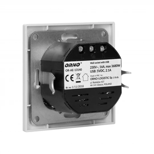 Gniazdo pojedyncze z/u z ładowarką 2xUSB 2.1A białe OR-AE-13140
