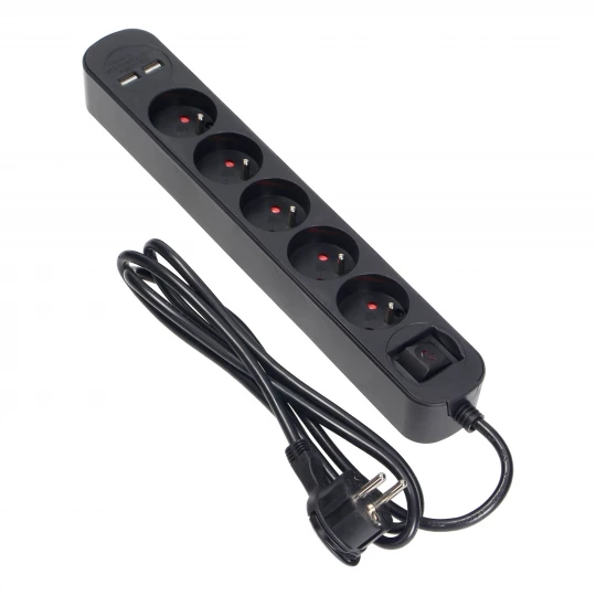 Listwa przeciwprzepięciowa, 5 gniazd 2P+Z, kabel 1,5m, z wyłącznikiem podświetlanym dwutorowym. 10A/230 VAC, Ładowarka 2xUSB 2,1A. Płaska wtyczka