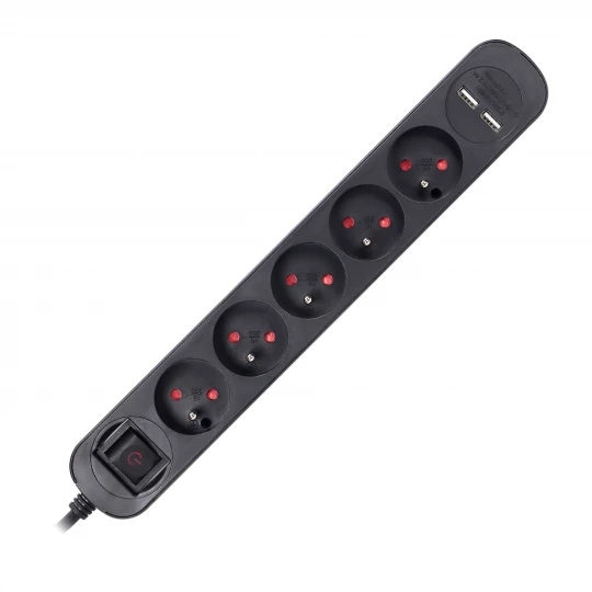 Listwa przeciwprzepięciowa, 5 gniazd 2P+Z, kabel 1,5m, z wyłącznikiem podświetlanym dwutorowym. 10A/230 VAC, Ładowarka 2xUSB 2,1A. Płaska wtyczka