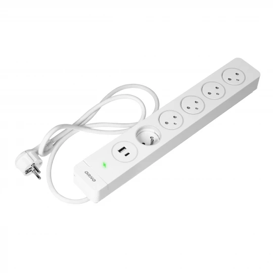Listwa przeciwprzepięciowa 5 gniazd 2P+Z typu EasyEject, kabel 1,5m (3x1,5mm2), z podświetlanym wyłącznikiem i 2 szybkimi ładowarkami USB A + C