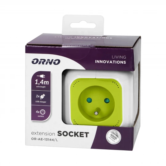 Przedłużacz Kostka 4-krotny z ładowarką 2xUSB 1,4m limonkowy