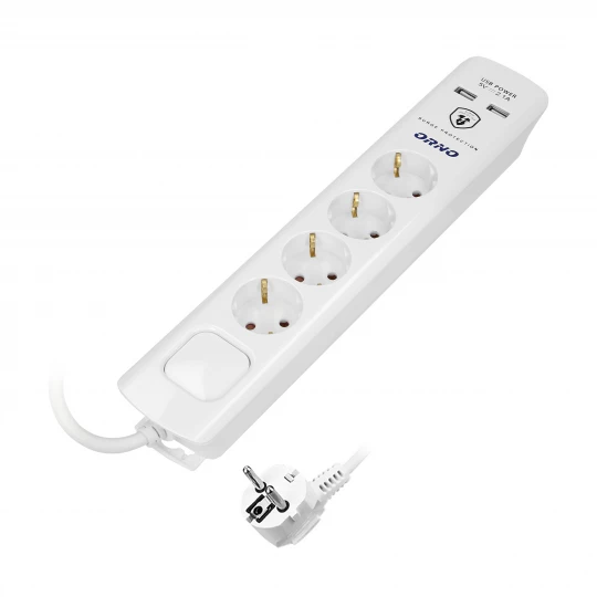 Listwa przeciwprzepięciowa, 4 gniazda 2P+Z (Schuko), kabel 3x1,0mm2, 3m, z wyłącznikiem podświetlanym dwutorowym. 16A/230 VAC, Ochronnik przeciwprzepi