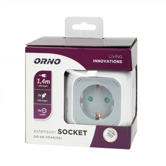 Przedłużacz 4 krotny 2P+Z (Schuko), ładowarka 2xUSB, 1,4m H05VV-F 3x1,5mm2, szaro-biały,OR-AE-13144(GS)