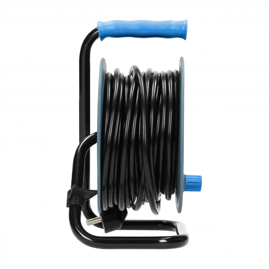 Przedłużacz bębnowy MINI, 4 gniazda 2P+Z, metalowy stojak, polwinit H05VV-F 3x1mm2 , długość 15m, turkusowy, OR-AE-1339/T(GS)