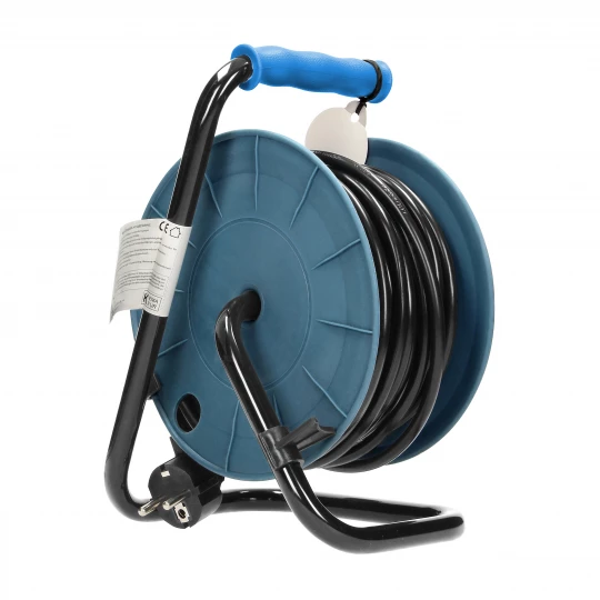 Przedłużacz bębnowy MINI, 4 gniazda 2P+Z, metalowy stojak, polwinit H05VV-F 3x1mm2 , długość 15m, turkusowy, OR-AE-1339/T(GS)