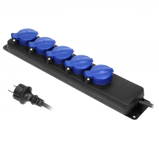 Przedłużacz warsztatowy bryzgoszczelny IP44, 5 gniazda 2P+Z IP44, przewód gumowy, H05RR-F 3x1,5mm2, długość 5,OR-AE-13193(GS)/5M