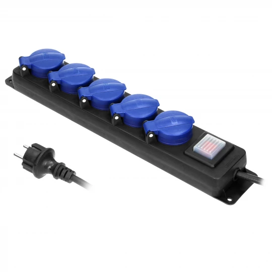 Przedłużacz warsztatowy bryzgoszczelny z wyłącznikiem, 5 gniazd 2P+Z, IP44, przewód gumowy, H05RR-F 3x1,5mm2,,OR-AE-13159(GS)/3M
