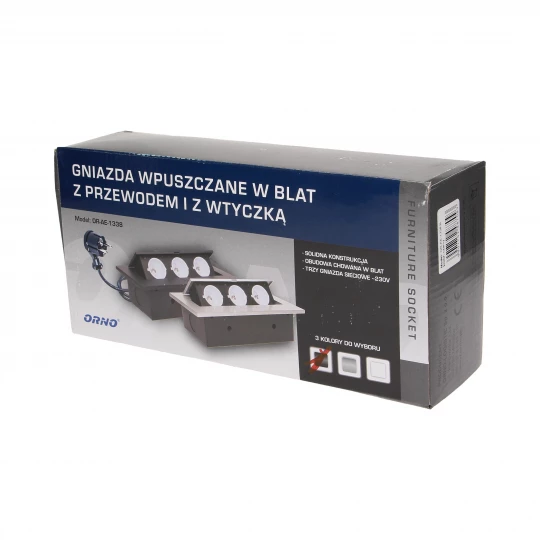 Gniazda wpuszczane w blat 3x230V /gruby rant/ 1,5m czarne OR-AE-1338/B