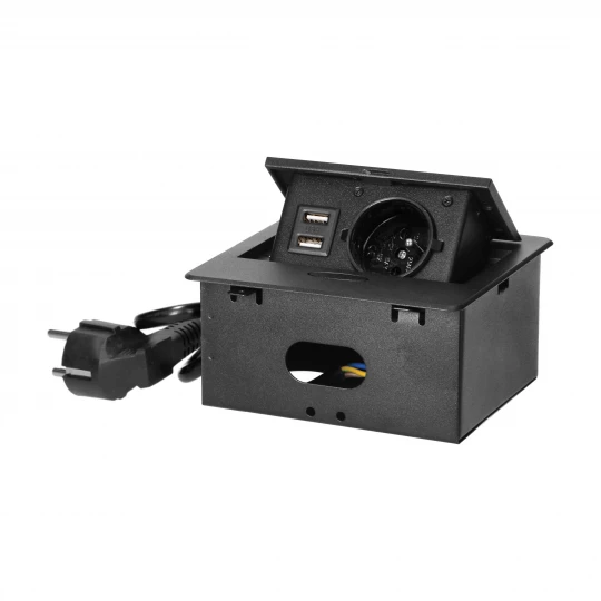 Wpuszczane gniazdo meblowe z ładowarką USB i przewodem 1,5m,  1x2P+Z, 2xUSB (typ A, 2,1A), płaski rant frezowany, czarny
