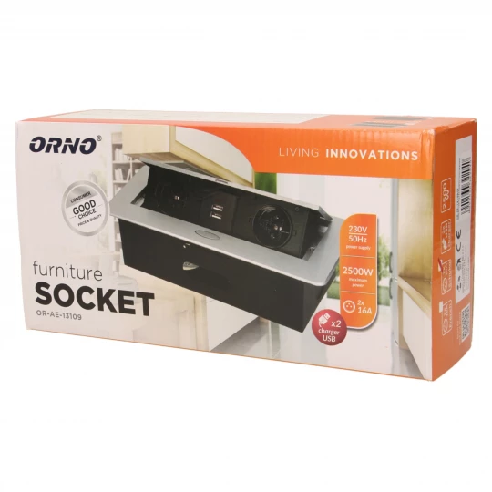 Gniazda wpuszczane w blat 2x230 z płaskim frezowanym rantem i ładowarką USB czarne OR-AE-13109/B
