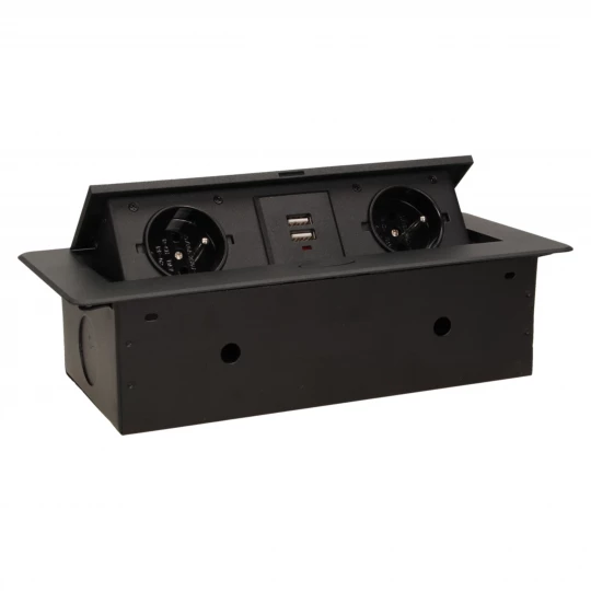 Gniazda wpuszczane w blat 2x230 z płaskim frezowanym rantem i ładowarką USB czarne OR-AE-13109/B
