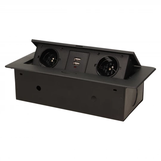 Gniazda wpuszczane w blat 2x230 z płaskim frezowanym rantem i ładowarką USB czarne OR-AE-13109/B