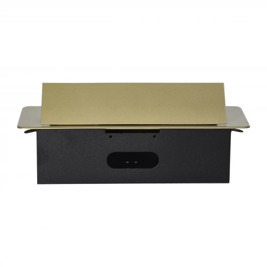 Gniazda meblowe wpuszczane w blat z płaskim frezowanym rantem i ładowarką USB, 2x2P+Z, 2xUSB, mosiądz