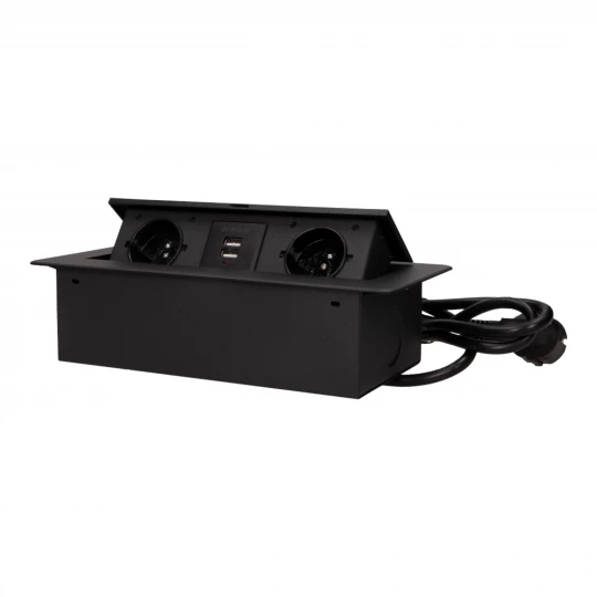 Gniazda wpuszczane w blat z płaskim frezowanym rantem, ładowarką USB i przewodem 1,5m, 2x2P+Z, 2xUSB, czarne OR-AE-13126/B