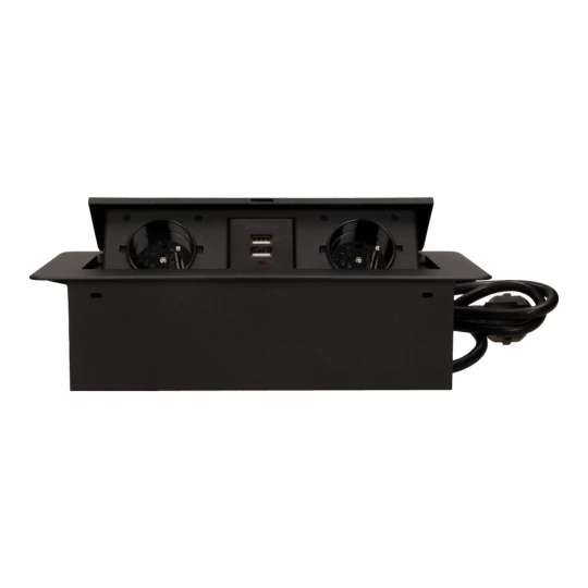 Gniazda wpuszczane w blat z płaskim frezowanym rantem, ładowarką USB i przewodem 1,5m, 2x2P+Z, 2xUSB, czarne OR-AE-13126/B
