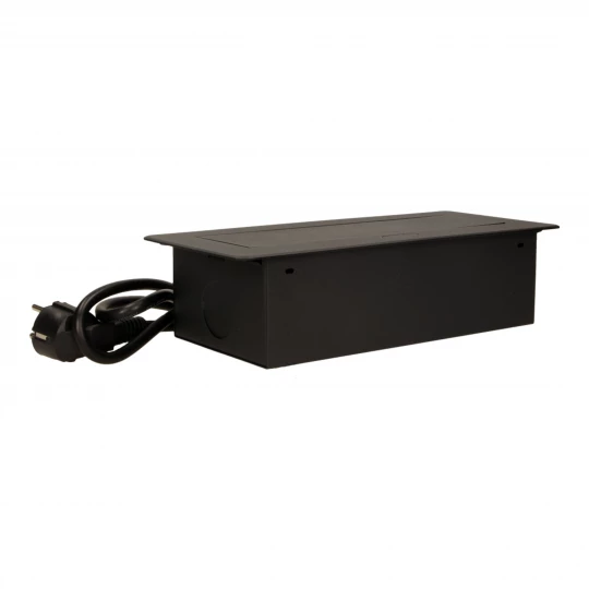 Gniazda wpuszczane w blat z płaskim frezowanym rantem, ładowarką USB i przewodem 1,5m, 2x2P+Z, 2xUSB, czarne OR-AE-13126/B