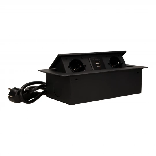 Gniazda wpuszczane w blat z płaskim frezowanym rantem, ładowarką USB i przewodem 1,5m, 2x2P+Z, 2xUSB, czarne OR-AE-13126/B