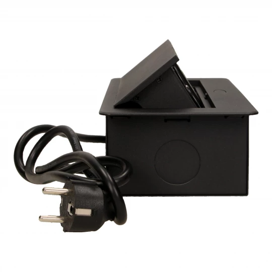 Gniazda wpuszczane w blat z płaskim frezowanym rantem, ładowarką USB i przewodem 1,5m, 2x2P+Z, 2xUSB, czarne OR-AE-13126/B