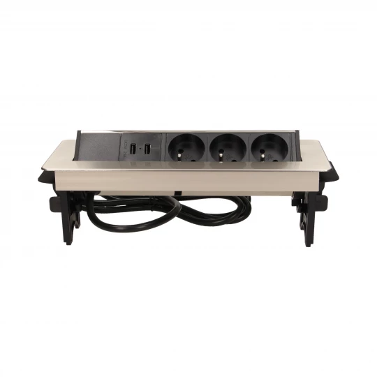 Gniazdo wpuszczane w blat 3x250V w niklowanej obudowie z ładowarką 2xUSB i przewodem 1,8m OR-AE-1364